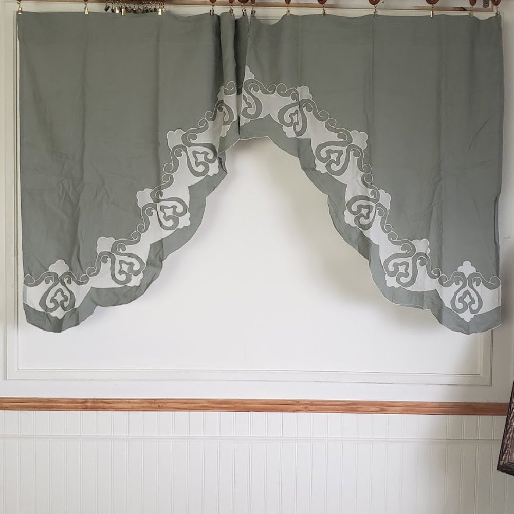 Vintage JC Penney Linen Swag Curtains with Sheer Inset 70 x 38 Sage Green - Picture 2 of 8